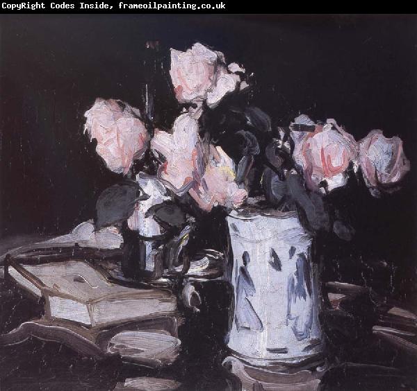 Samuel John Peploe Roses in a Blue and White Vase,Black Background